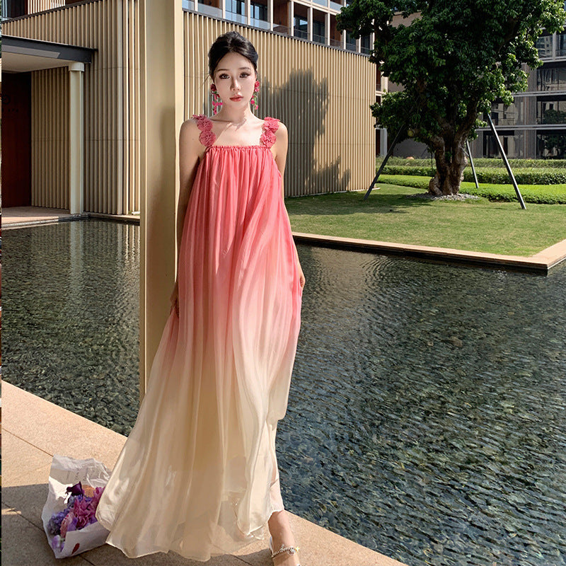 2025 Holiday photo beach skirt seaside pink gradual change suspender seaside atmosphere long skirt three-dimensional embroidery super fairy date