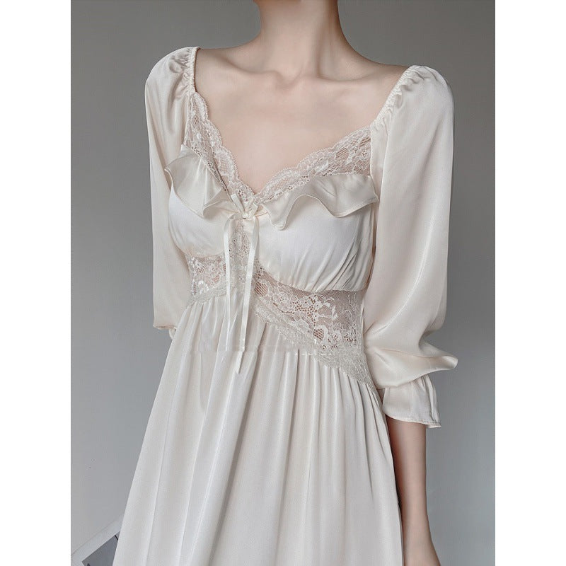 2025 spring and summer pure desire new retro pajamas homewear women's ice silk long-sleeved long skirt nightdress court style machine skirt