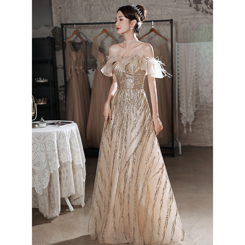 VSKKV Evening Dress for Women New High Sense Banquet Performance Birthday Champagne Light Luxury Minority Host Dress