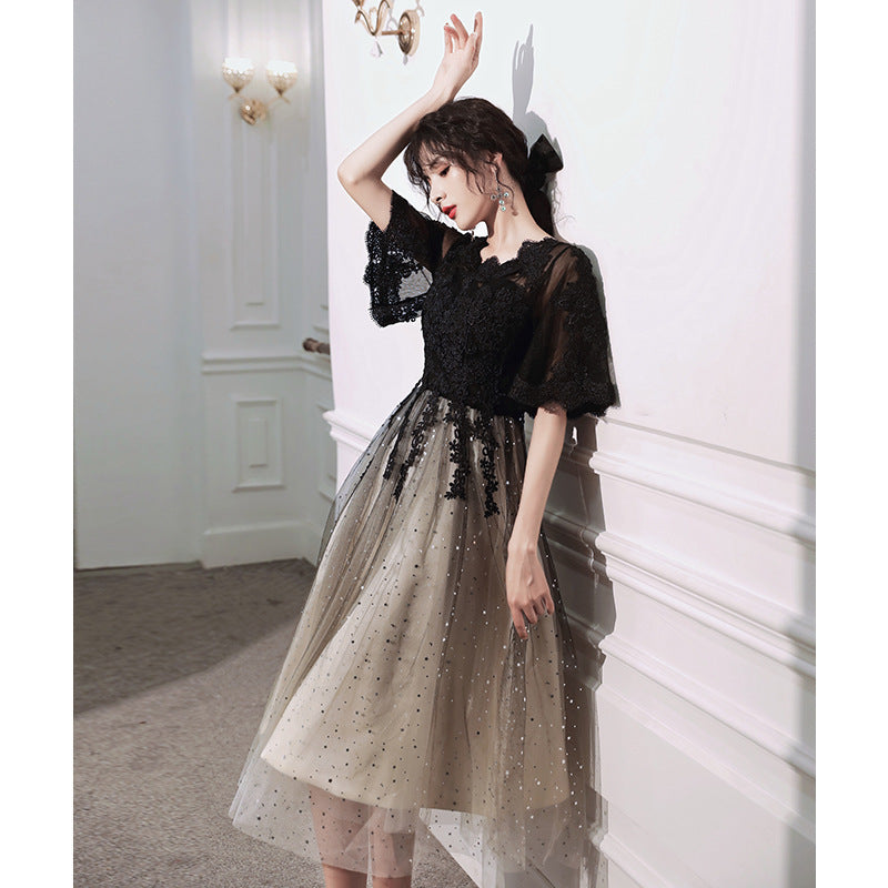 Annual Party Evening Dress Female New Spring and Summer Temperament Banquet Cover Belly Black Slimming Daily Style Host