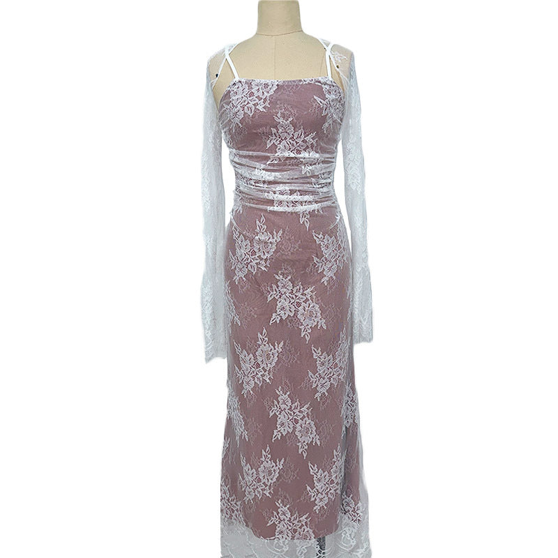 Cross-Border New Arrival European and American Style Women's Sexy Fashion Long Dress High-End Evening Dress Braces Long Sleeve Lace Dress