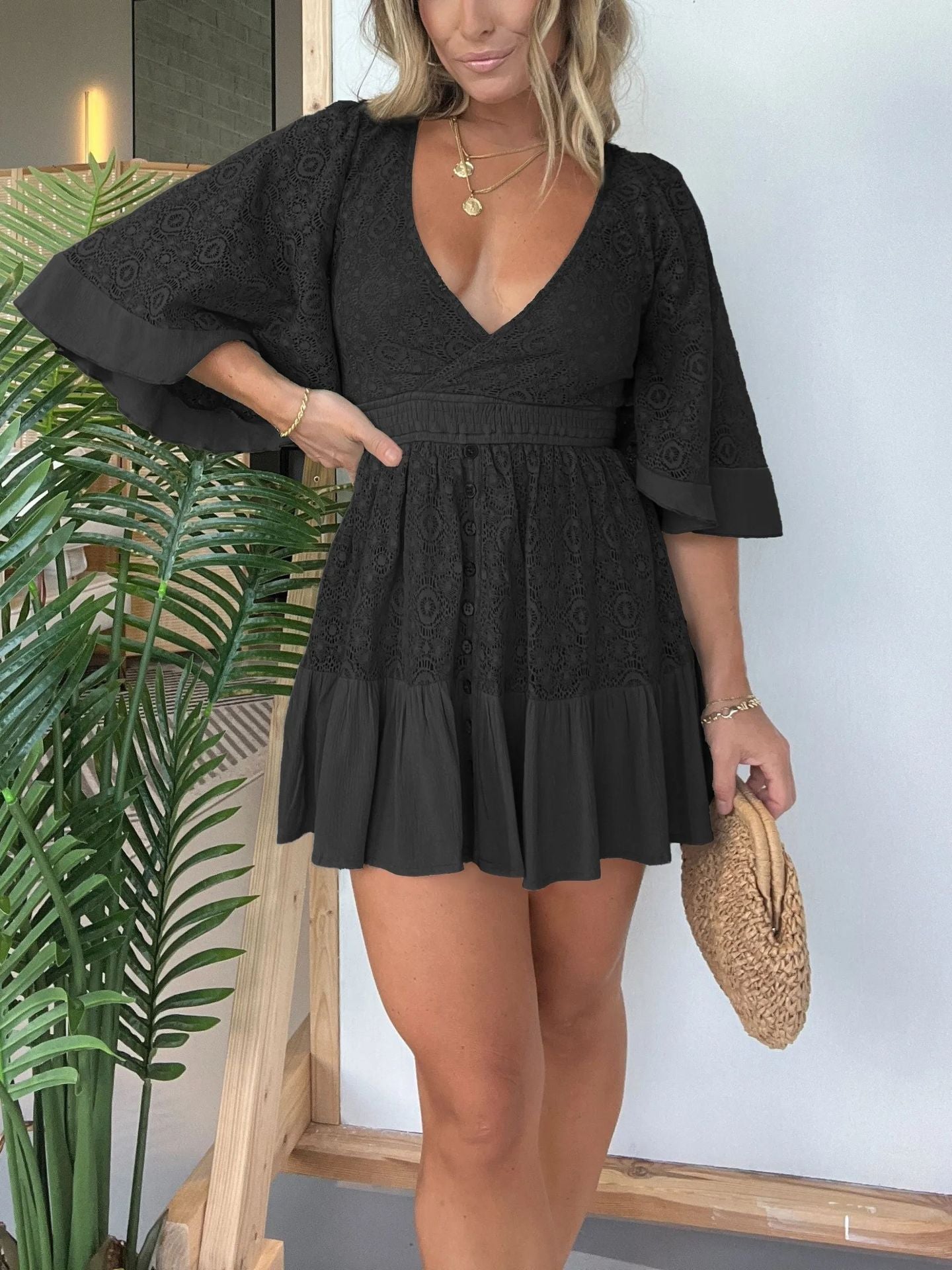2024 Summer European and American Hot Trade Wish New Women's Lace Stitching Batwing Sleeve Dress