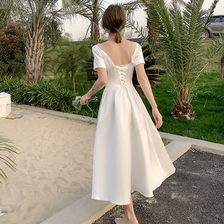 VSKKV Satin Wedding Dress New Elegant Light Wedding Dress Simple Trip Shoot White Wedding Dress Daily Style Women