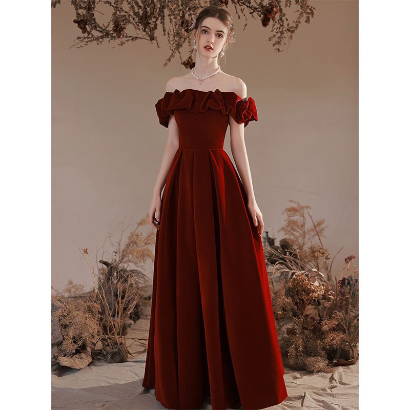 VAKKV TOAST Clothing Bride off-Shoulder Velvet New Marriage Engagement Wine Red Dress Female Daily Style Wholesale