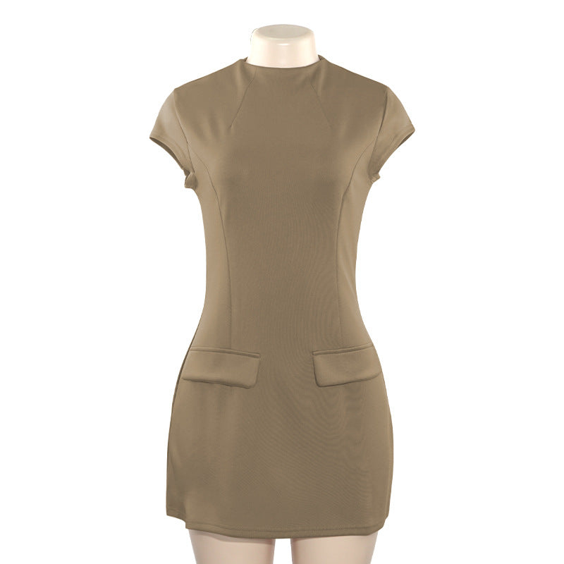 A254ds European and American Summer New Solid Color round Neck Slim-Fitting Patchwork Short Sleeve Sexy High Waist Short Dress