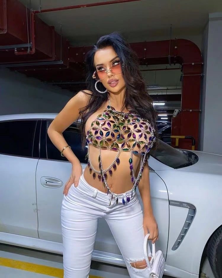 2025 MW3164 2025 vest sexy crystal gemstone acrylic splicing fringe pendulum chain top small vest body chain