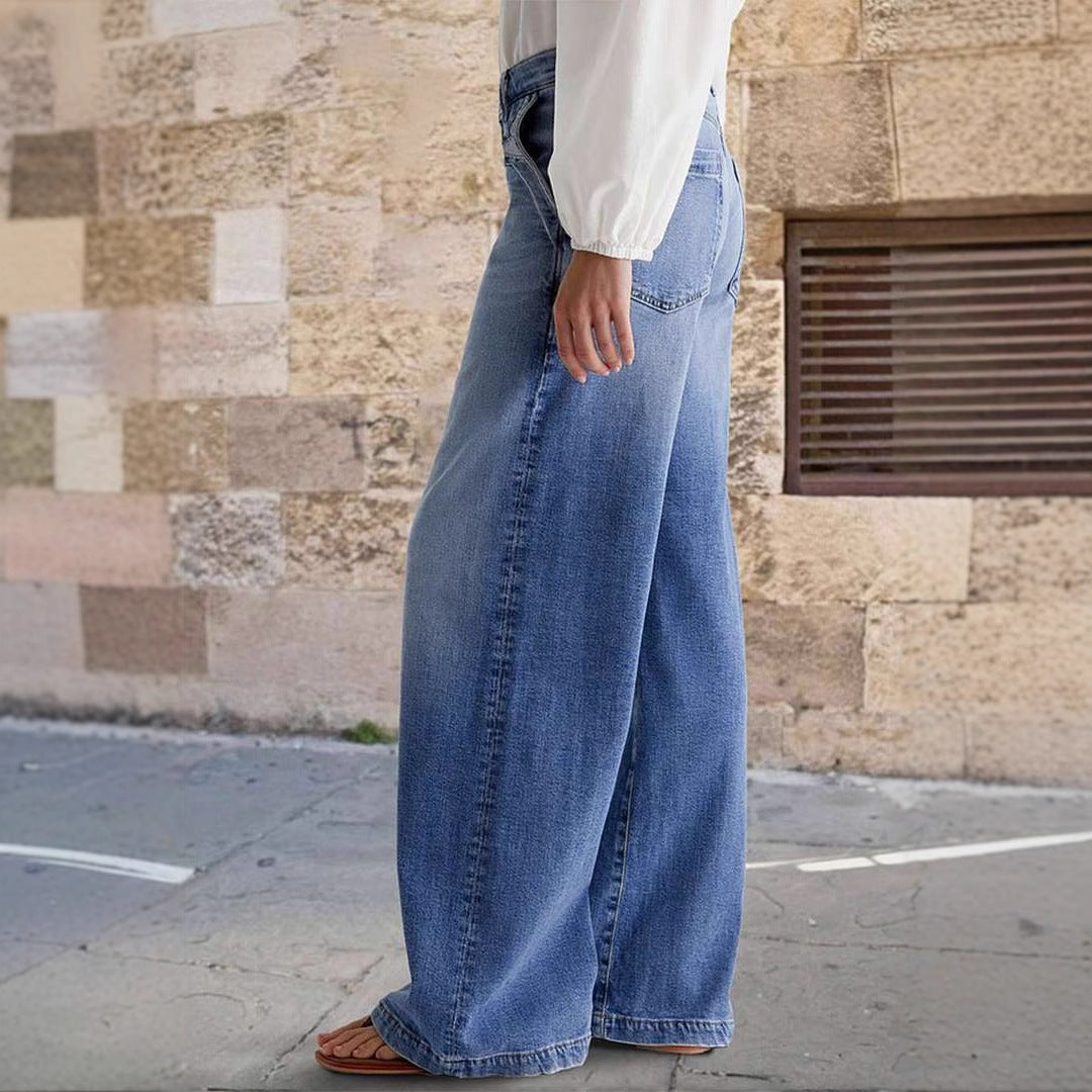 VAKKV 2025 spring new 2025 cross-border retro wide-leg jeans women's embroidered elastic straight pants casual trousers