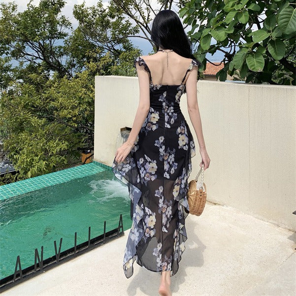 2025 Retro design floral dress summer new square neck ruffle edge sleeveless waist thin holiday long skirt