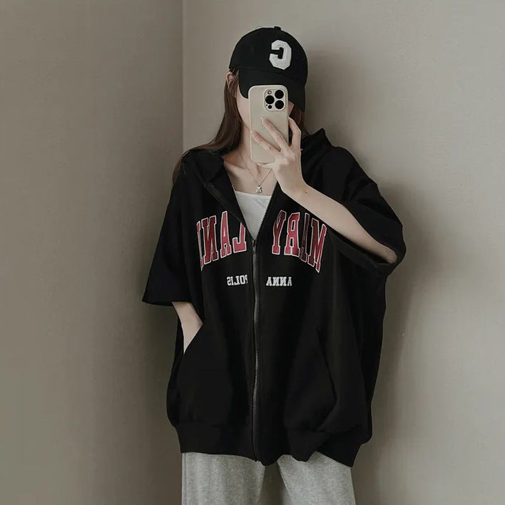 VAKKV Manufacturer short-sleeved cardigan niche design top gray sweater women's spring and summer Korean version sports loose hoodie