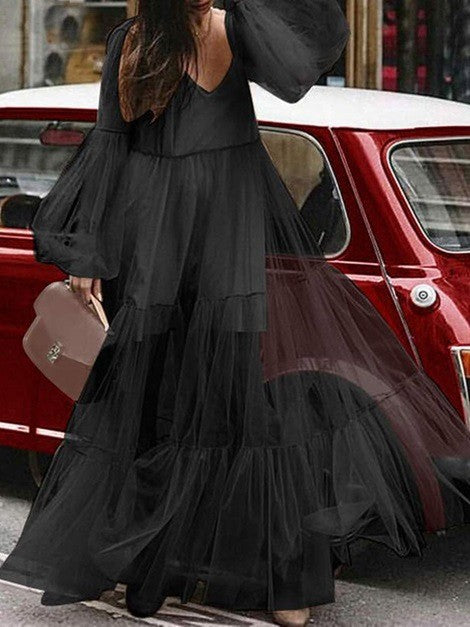 VAKKV Cross-Border Summer New European and American Women's V-neck Fashion Puff Sleeve Mesh See-through Dress Long Dress