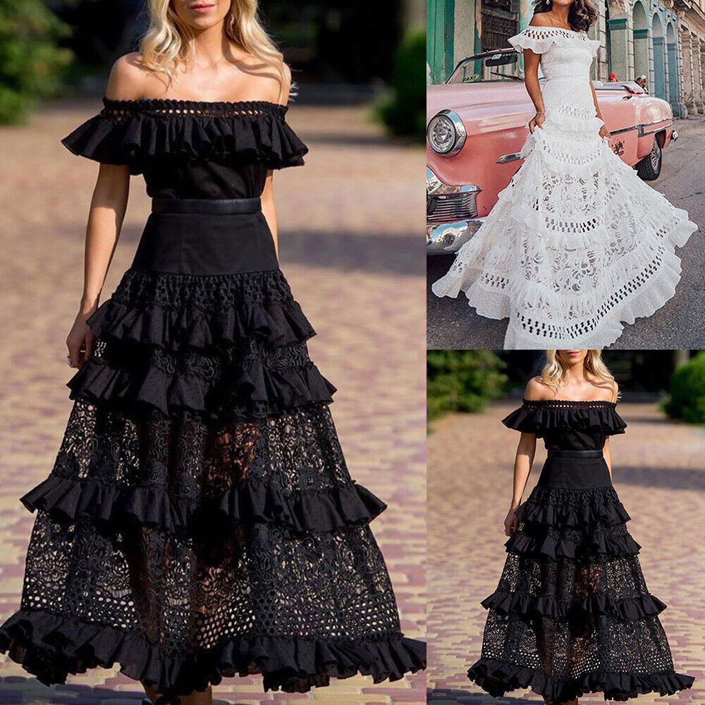 VAKKV Cross-Border Summer New European and American Foreign Trade Women's Clothing off-Shoulder Ruffled Hollow-out Wide Hem Lace Dress Dress