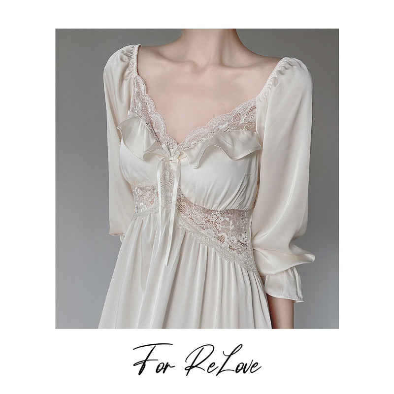2025 spring and summer pure desire new retro pajamas homewear women's ice silk long-sleeved long skirt nightdress court style machine skirt