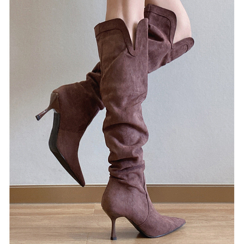 2025 Long boots women's pointed head thin heel V-mouth thin pleated piled boots retro suede high heel thin boots
