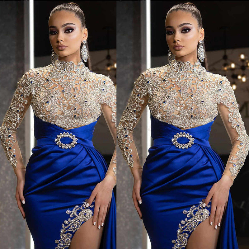 VAKKV European and American Foreign Trade New Women's Clothing Dress Blue Gold Split Stitching Half Turtleneck Evening Dress