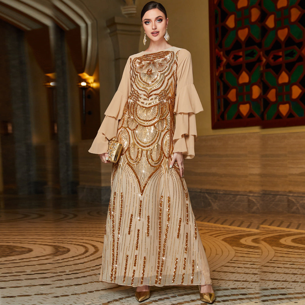 S009 gold multi-layer lotus leaf sleeve positioning sequined embroidered robe spot Amazon ins dress