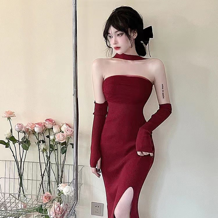 VSKKV Design Mesh Stitching Dress Women's Xiacnee Desire Style Halter Black Formal Dress Split Waist Fitted Hip Skirt