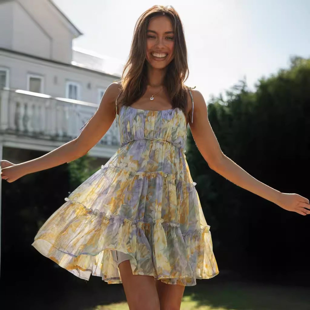 2024 New Summer European and American Vacation Style Sexy Printing Slip Dress