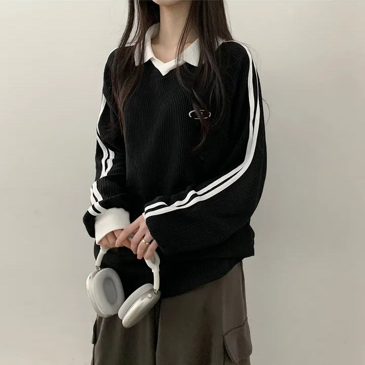 VAKKV Manufacturer 3 colors, waffle Korean version polo collar retro thin velvet sweater women's new spring, autumn and winter popular
