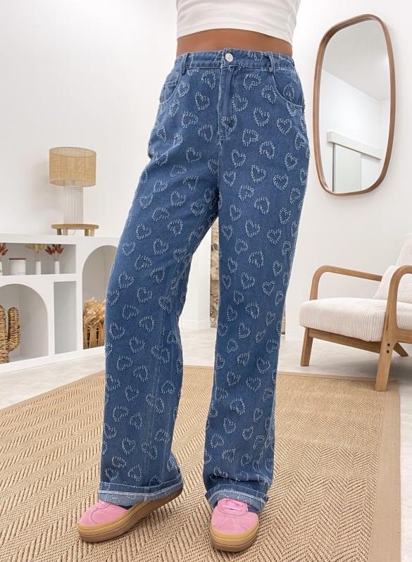 VAKKV cross-border Europe, America and 2025 spring new love crochet jeans women's casual washing straight trousers