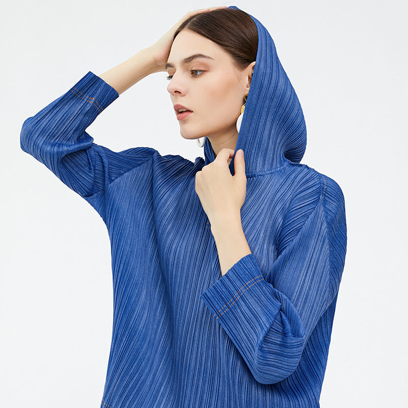 spring new solid color basic pleated t-shirt long-sleeved casual top design sense Korean version hooded sweater women
