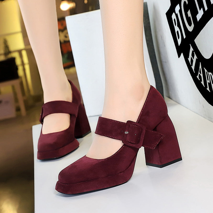 VAKKV 2025 9613-6 style high-heeled thick-heeled waterproof table suede one-word belt buckle shallow mouth Mary Jane women's shoes single shoes