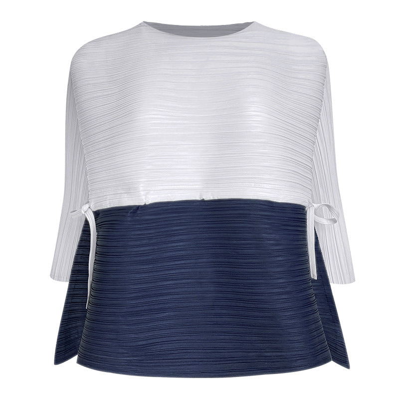 High-end splicing drawstring top, new spring spring loose contrasting color T-shirt, niche design women's clothing