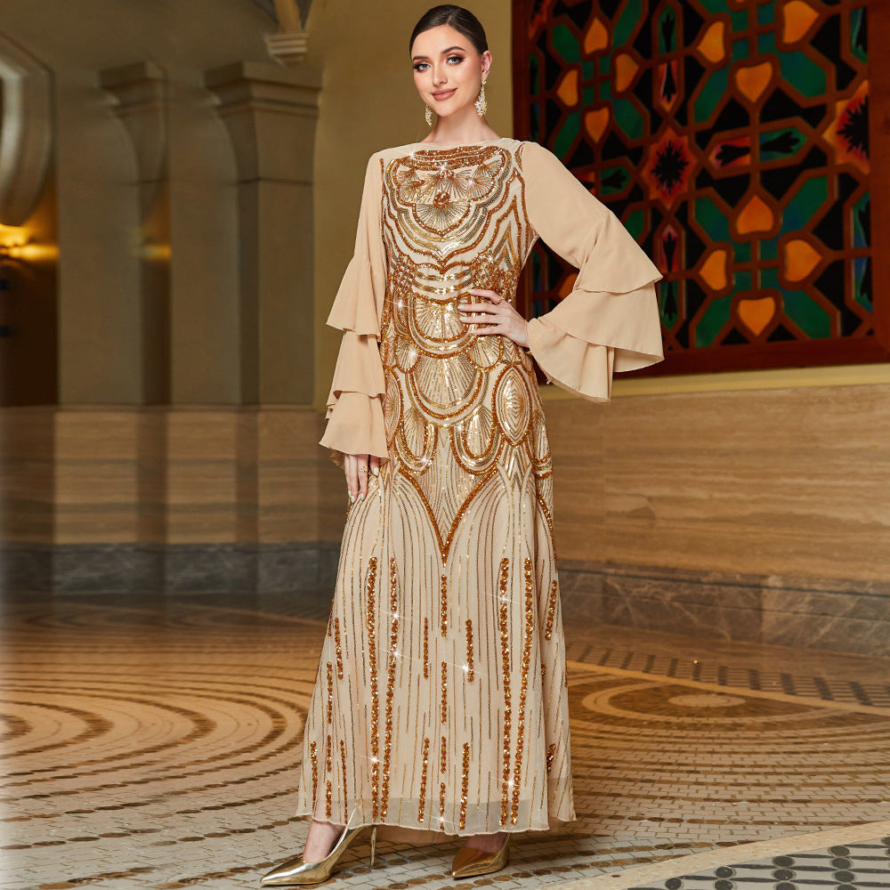S009 gold multi-layer lotus leaf sleeve positioning sequined embroidered robe spot Amazon ins dress