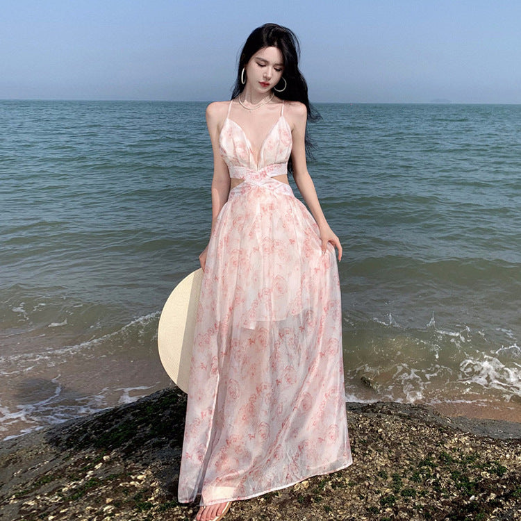 2025 Coffee break gentle wind seaside vacation fairy style beautiful pink floral waist suspender dress female summer