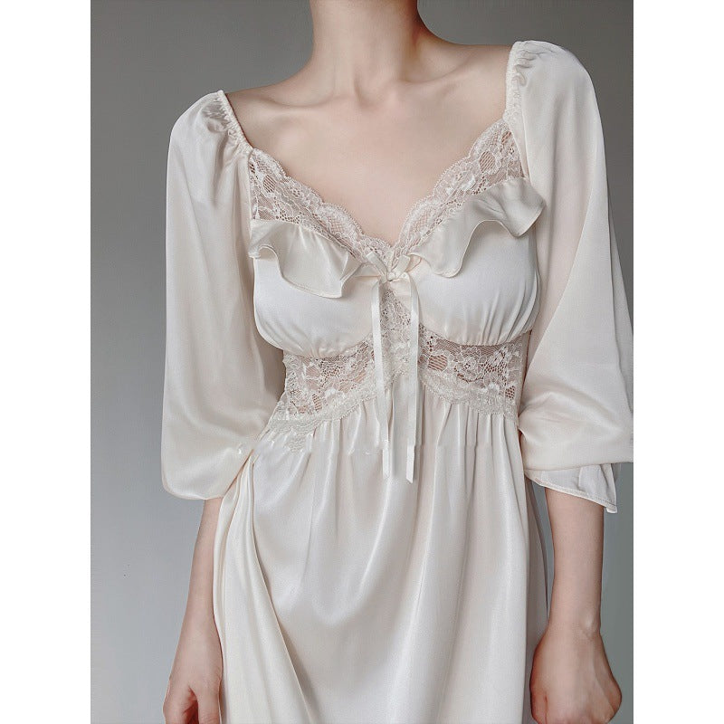 2025 spring and summer pure desire new retro pajamas homewear women's ice silk long-sleeved long skirt nightdress court style machine skirt