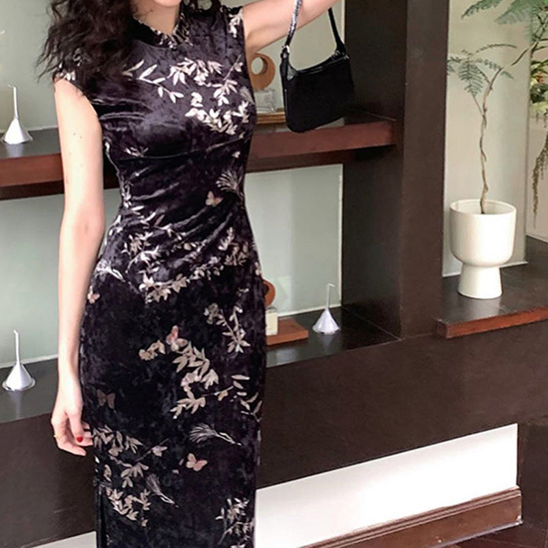 VAKKV 2025 PC058 New Midie Fragrance Early Spring New Chinese Velvet Cheongsam Dress Slim Fit Hip Wrap Long Dress Women