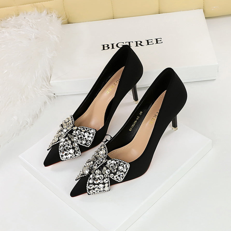 2025 18249-AH29 Korean version banquet high heels stiletto high heel satin light mouth pointed rhinestone bow women's shoes