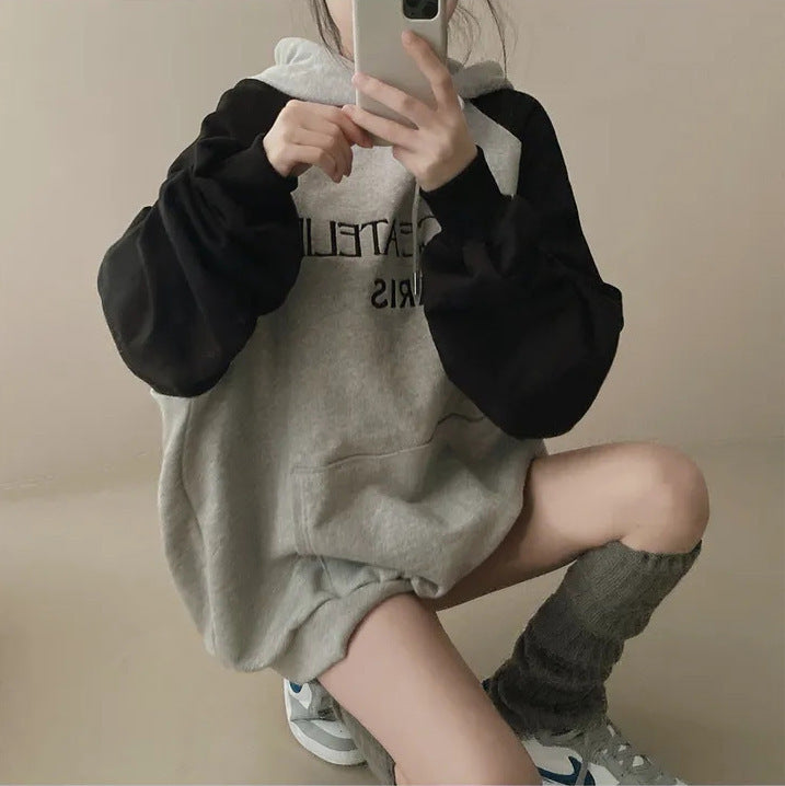 VAKKV Manufacturer 2025n retro burgundy shoulder sleeve sweater women's spring loose contrasting color splicing long sleeve oversize hooded
