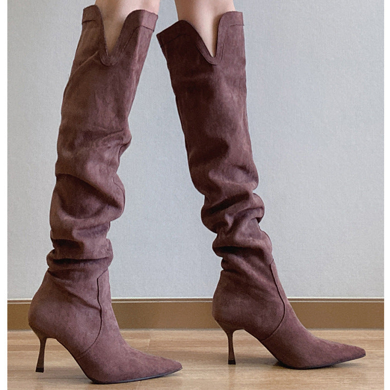 2025 Long boots women's pointed head thin heel V-mouth thin pleated piled boots retro suede high heel thin boots