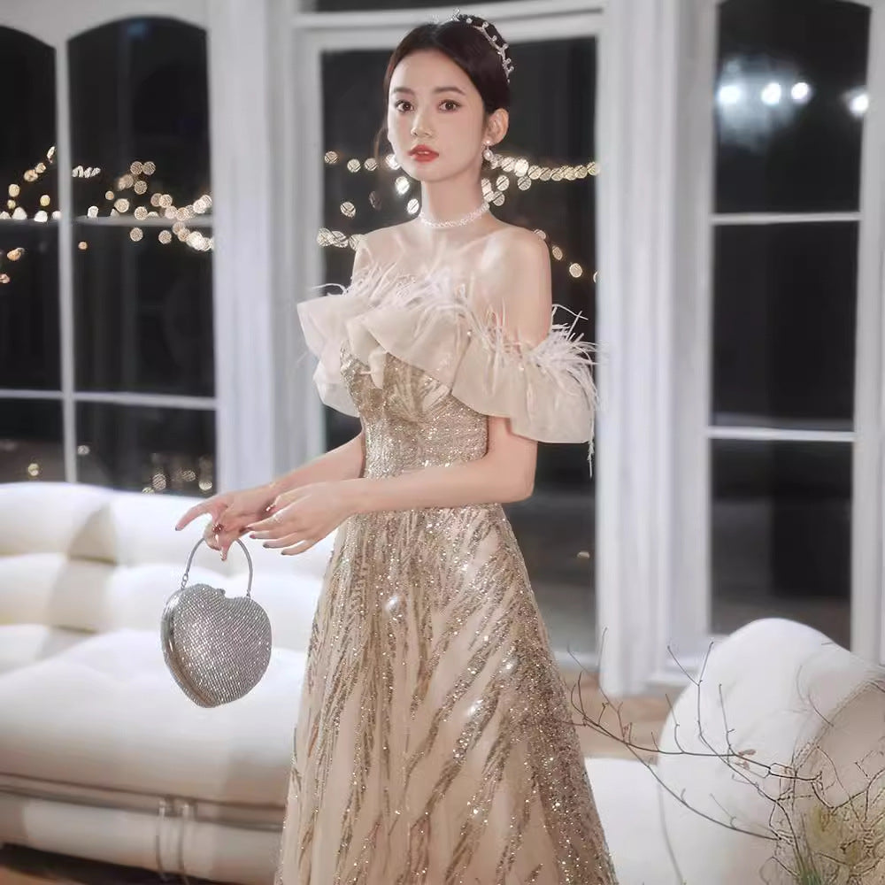VSKKV Evening Dress for Women New High Sense Banquet Performance Birthday Champagne Light Luxury Minority Host Dress