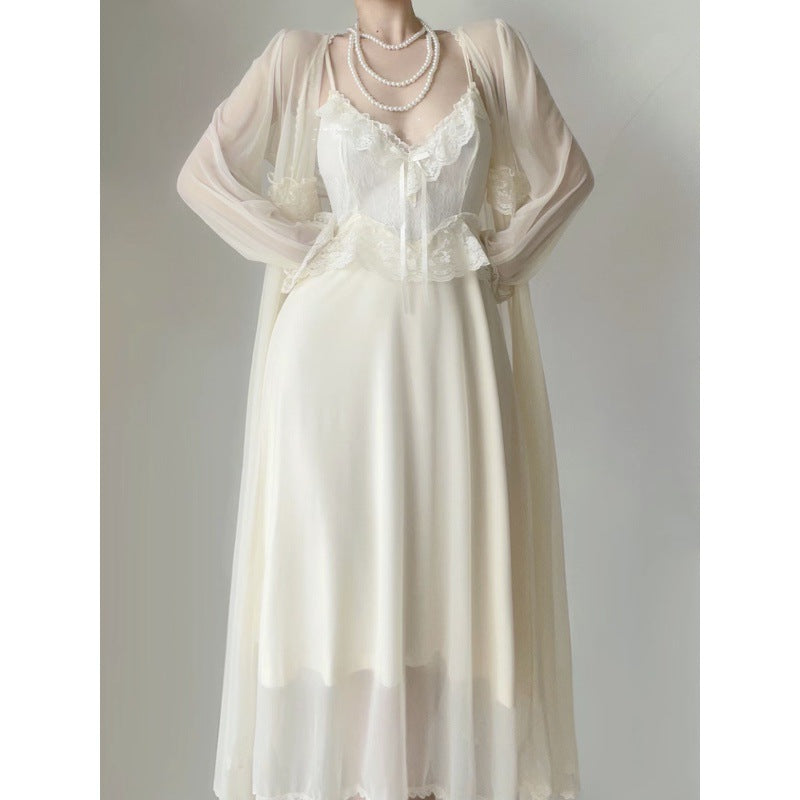 2025 Vintage morning robe female bride new sexy lace high-end ice silk mesh summer pure desire pajamas two-piece set