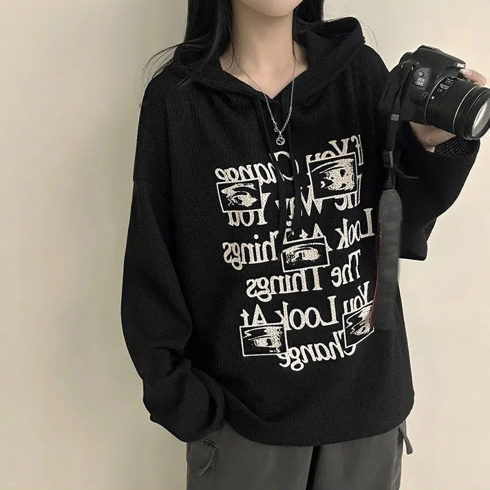 VAKKV Manufacturer waffle hooded autumn thin sweater large size fat mm loose Korean version ins velvet lazy wind outside