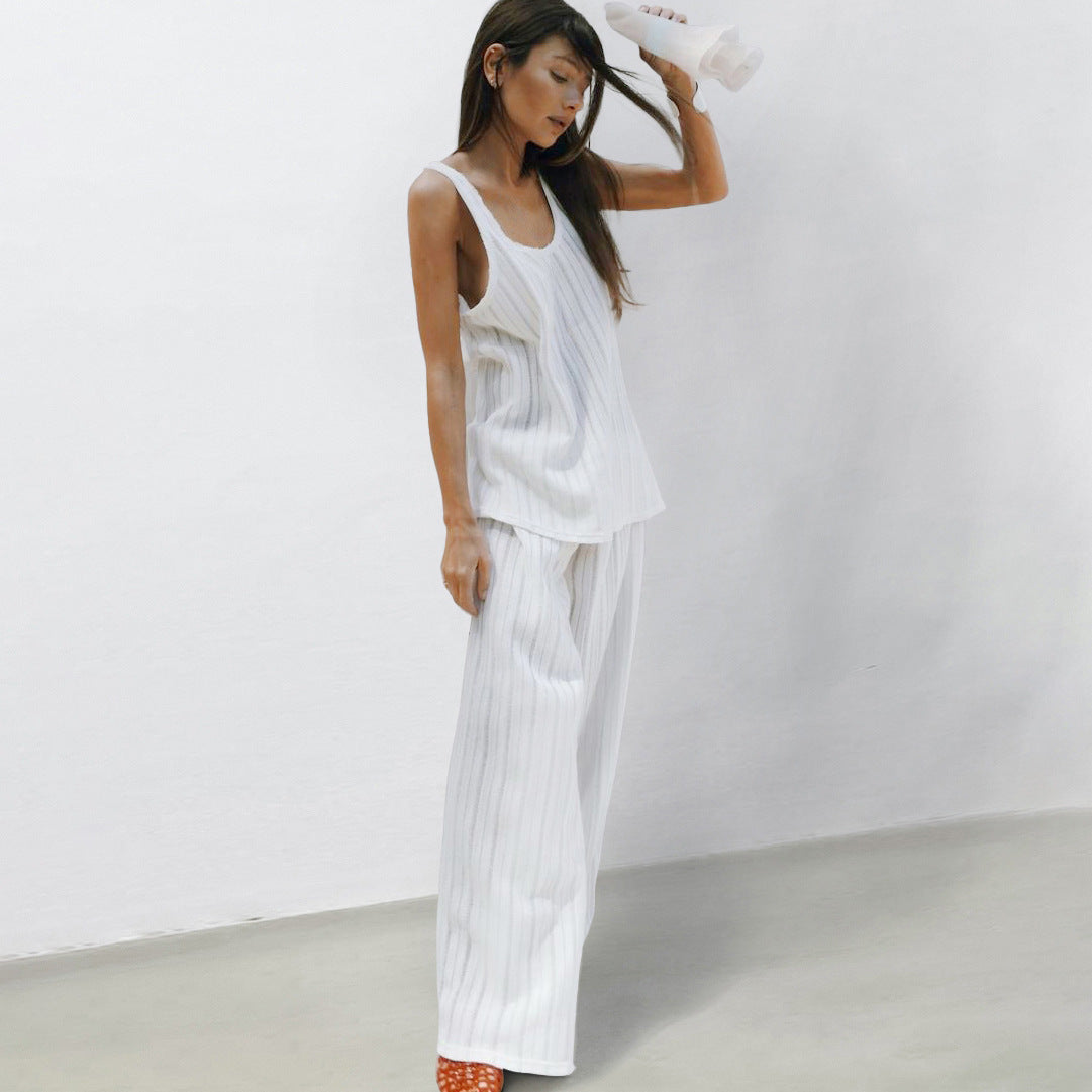 VAKKV 2025 Popular, and new knitted hollow casual vest, trousers, comfortable pajamas, simple women's loungewear