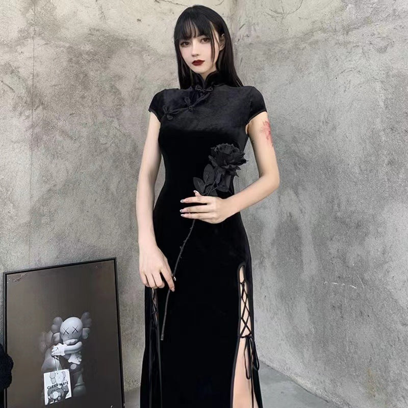 VAKKV Retro Chinese Style Velvet Cheongsam Improved Dress New Chinese Style Split Tall Cool Chic Black Temperament Long Dress