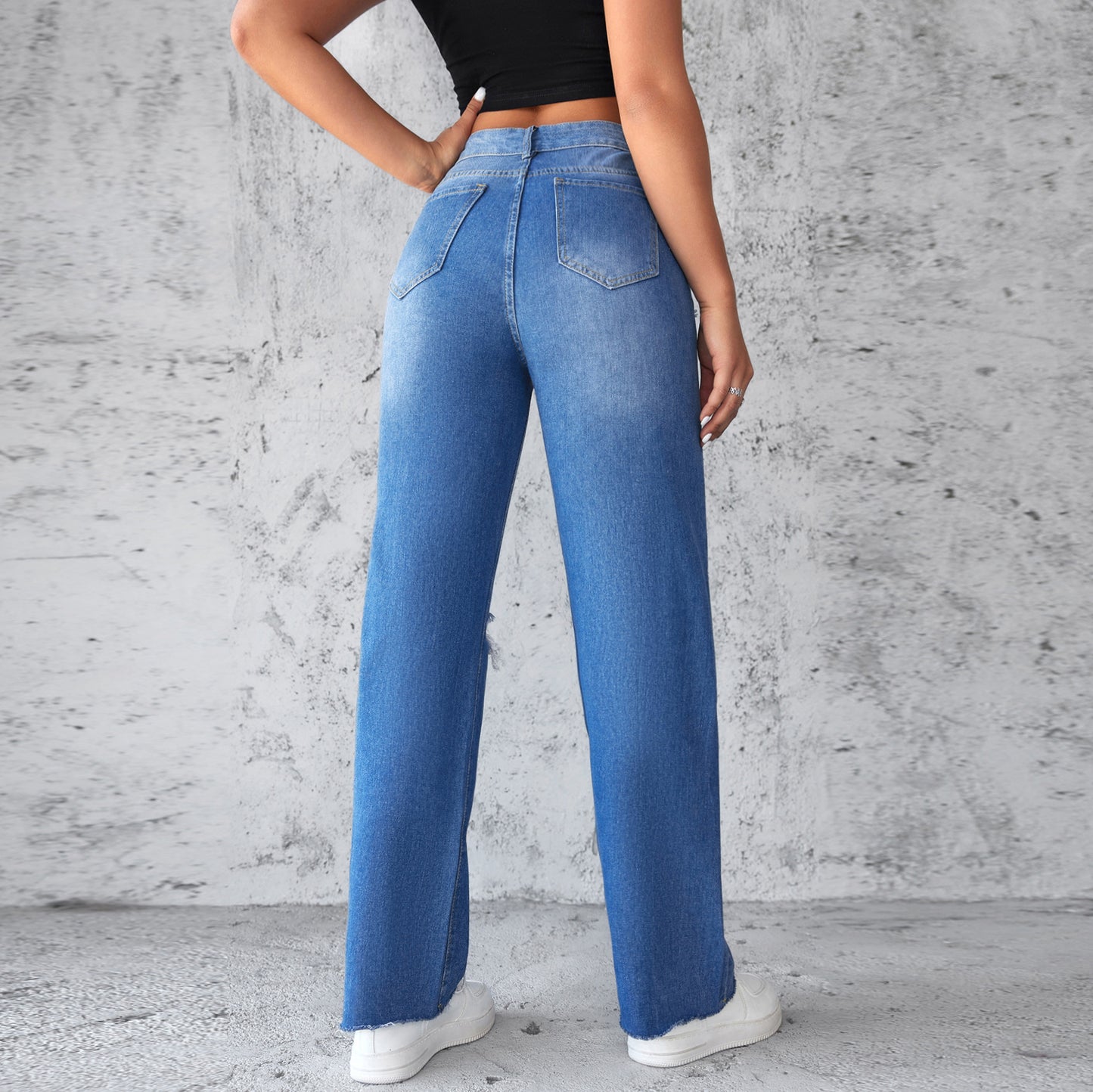 VAKKV Factory direct sales popular 2025 New Popular trade straight jeans women's washed holes non-elastic wide-leg trousers spot