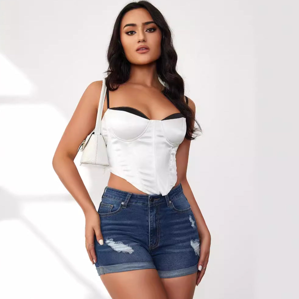 VAKKV popular summer new ripped Popularan beautiful women's denim shorts factory direct sales New elastic hemming shorts spot