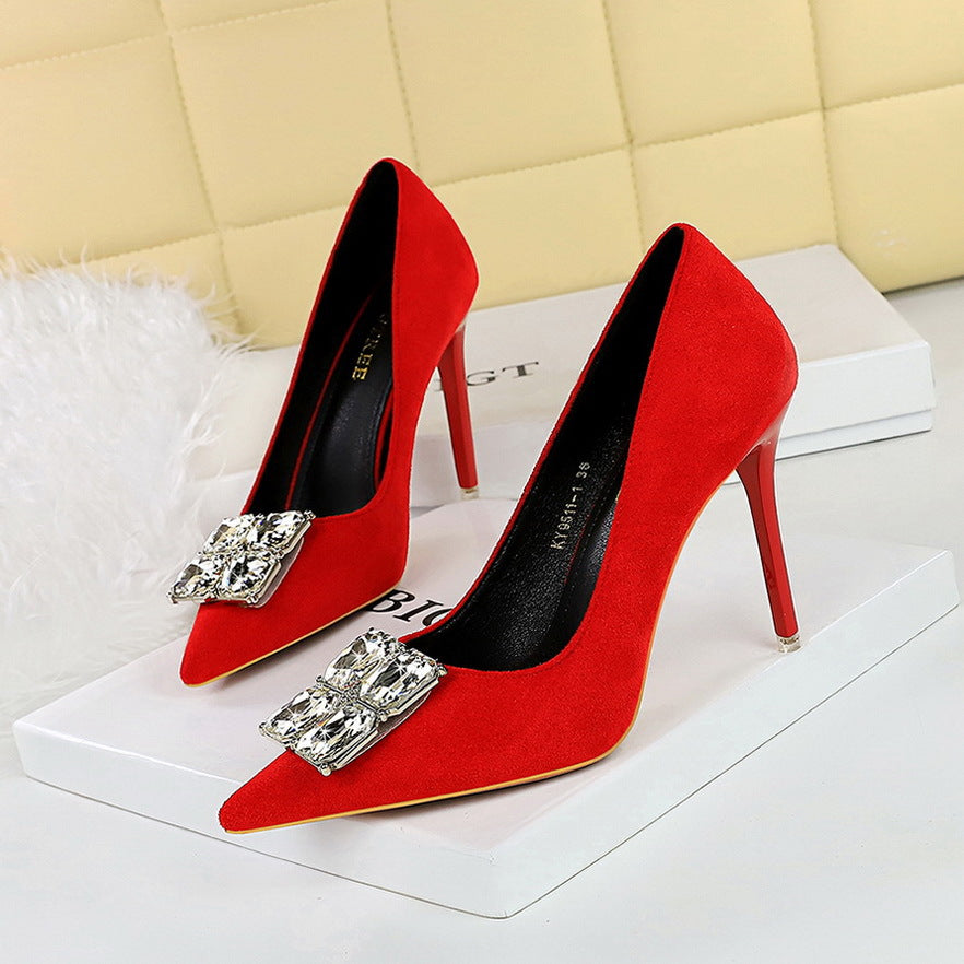 2025 9511-K58 banquet women's shoes, high heels, fine heel, suede, shallow mouth, pointed head, square rhinestone buckle, super high heel single shoes women