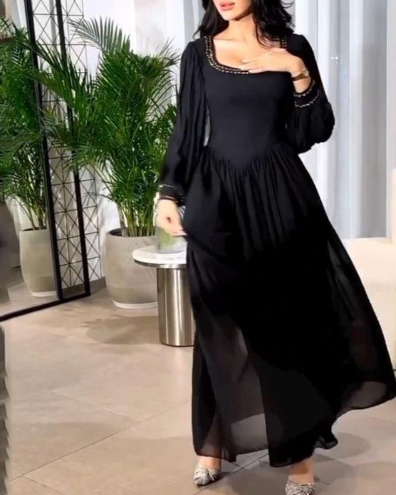 VSKKV Spring and Summer New Cross Border Middle East Temperament Sexy High Waist Beaded Pearl Chiffon Banquet Evening Dress