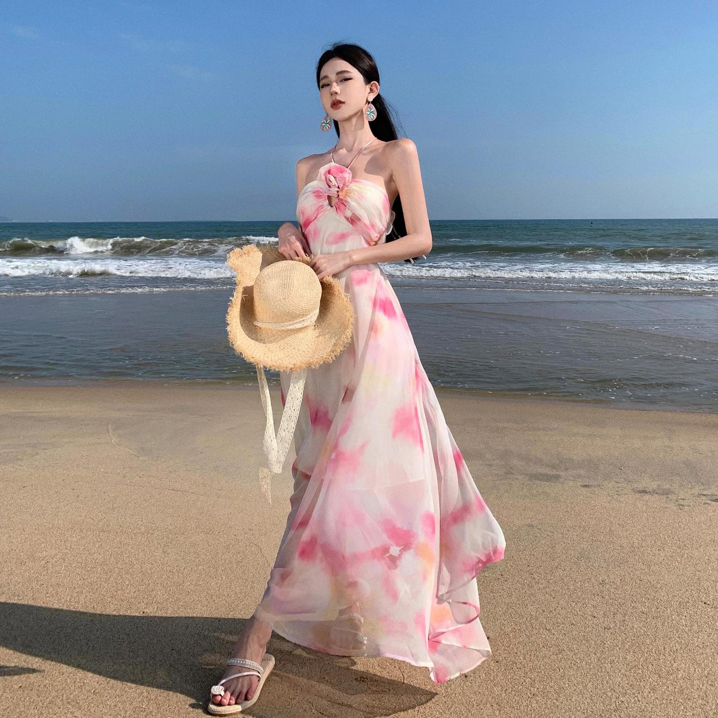 2025 super fairy suspender high sense three-dimensional flower neck holiday style dress temperament elegant backless light dress