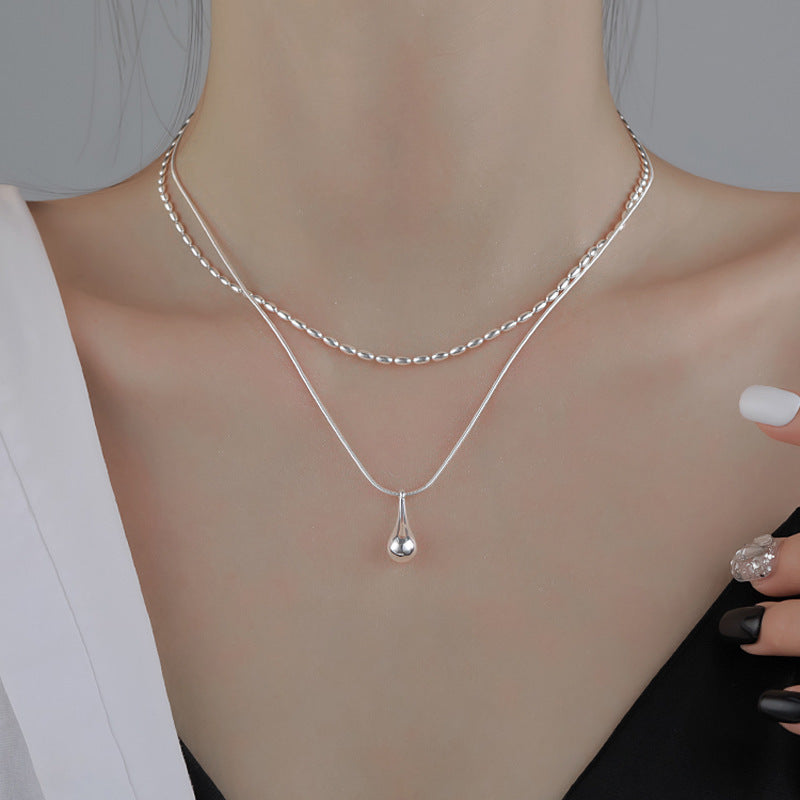 Water Drop Pendant Double-Layer Necklace for Women Niche Design Ins Cold Style Fashionable Simple Temperament Rice Grain Clavicle Chain