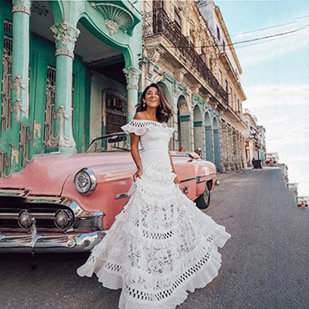 VAKKV Cross-Border Summer New European and American Foreign Trade Women's Clothing off-Shoulder Ruffled Hollow-out Wide Hem Lace Dress Dress