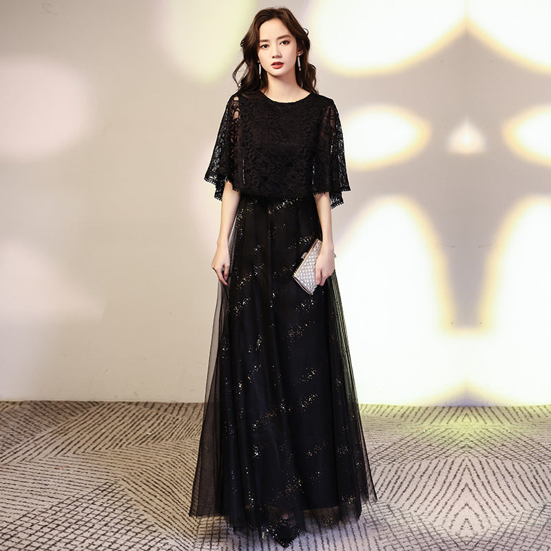 VAKKV Plus Size Evening Dress Black New Elegant Long Plump Girls Slimming Host Arms Hiding Banquet Evening Dress