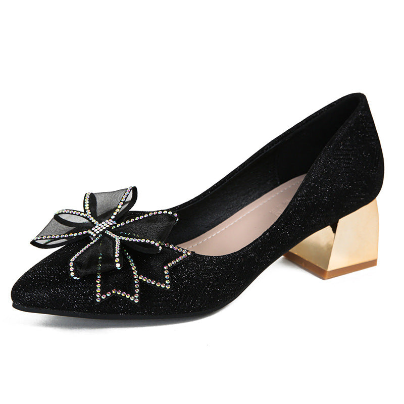Style Pointed-Toe Fashion High Heels Women's Spring and Autumn New Chunky Heel Low-Cut Rhinestone Bow Temperament Wild Pumps