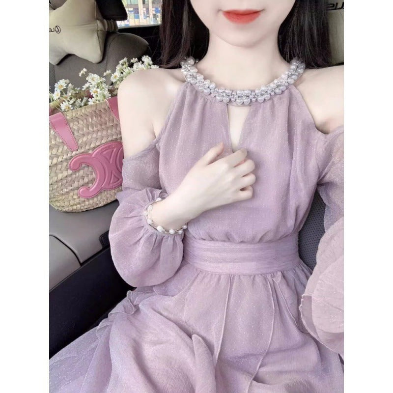 VAKKV Purple Halter off-the-Shoulder Dress Women's Fall New Design Sense Temperament Waist-Controlled Slimming Long Dress