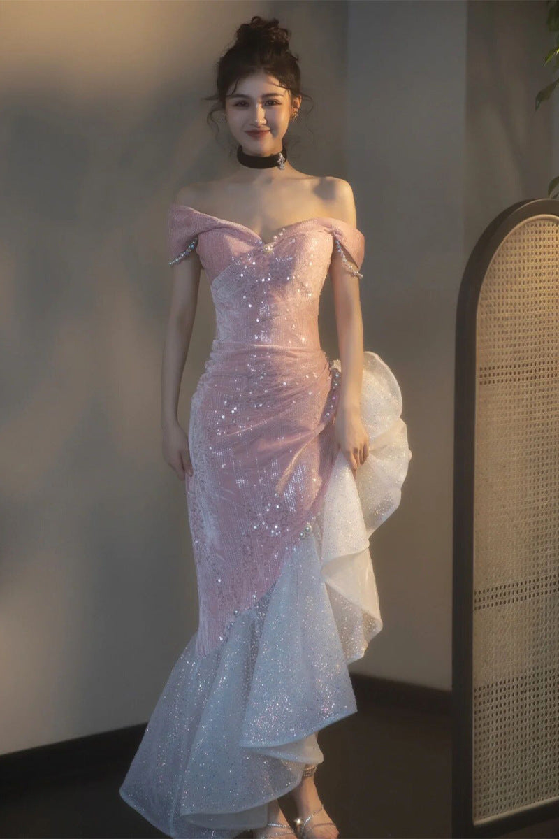 VAKKV Pink off-Shoulder Engagement Formal Dress Fishtail Toast Dress Bride New Annual Meeting Small Man Host Evening Dress