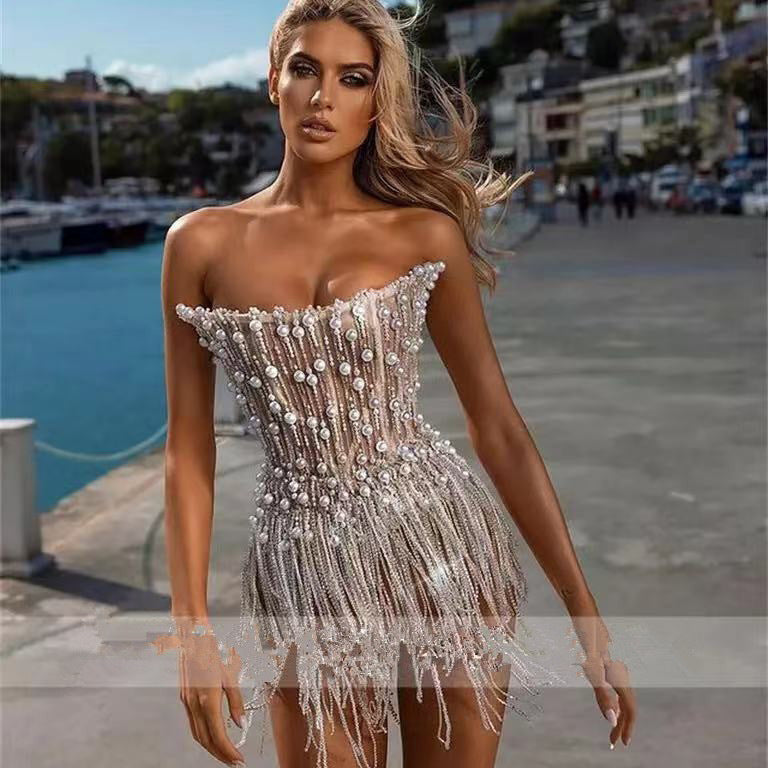VAKKV New Chest-Wrapped Dance Skirt Tassel Pearl Stripe Mini Cocktail Party Sexy Slim-Fit Evening Dress Women